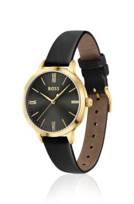 Leather-strap watch with brushed black dial, Assorted-Pre-Pack