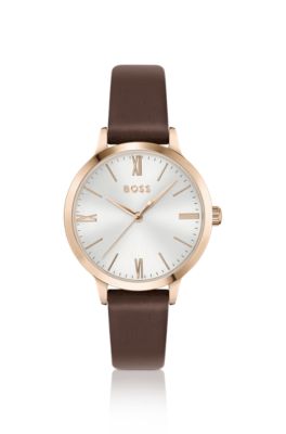 Hugo Boss Leather-strap Watch With Silver-white Dial Women's Watches In Gold