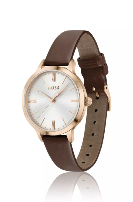 Leather-strap watch with silver-white dial