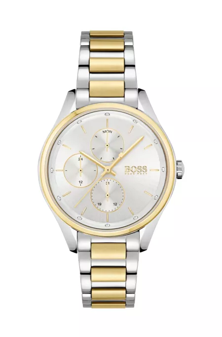 Two-tone watch with crystals and link bracelet