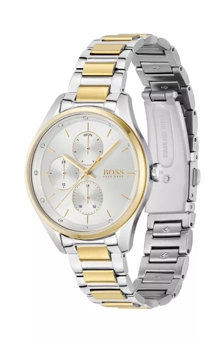 Two-tone watch with crystals and link bracelet