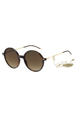 BOSS Havana acetate round sunglasses with gold tone chain