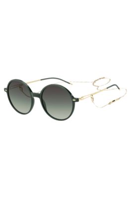 Round-frame sunglasses in green acetate with branded chain, Assorted-Pre-Pack
