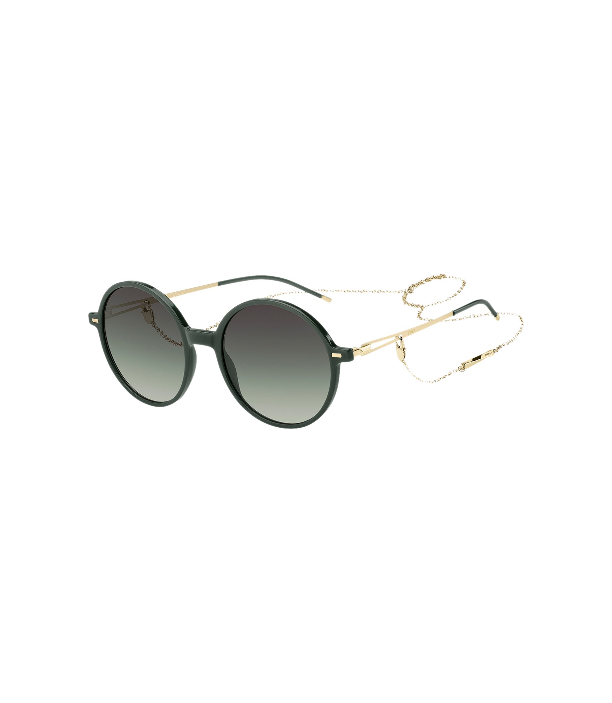 Round-frame sunglasses in green acetate with branded chain