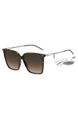 Hugo Boss Havana-acetate Sunglasses With Silver-tone Chain Women's Eyewear In Brown
