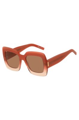 Hugo Boss Red-acetate Round Sunglasses With Silver-tone Chain Women's Eyewear In Orange