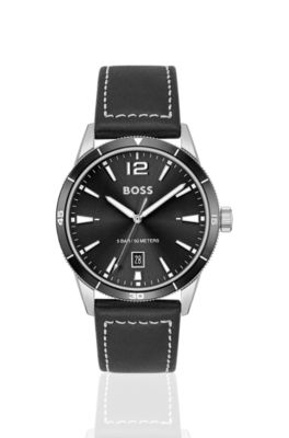 Leather-strap watch with black dial, Assorted-Pre-Pack