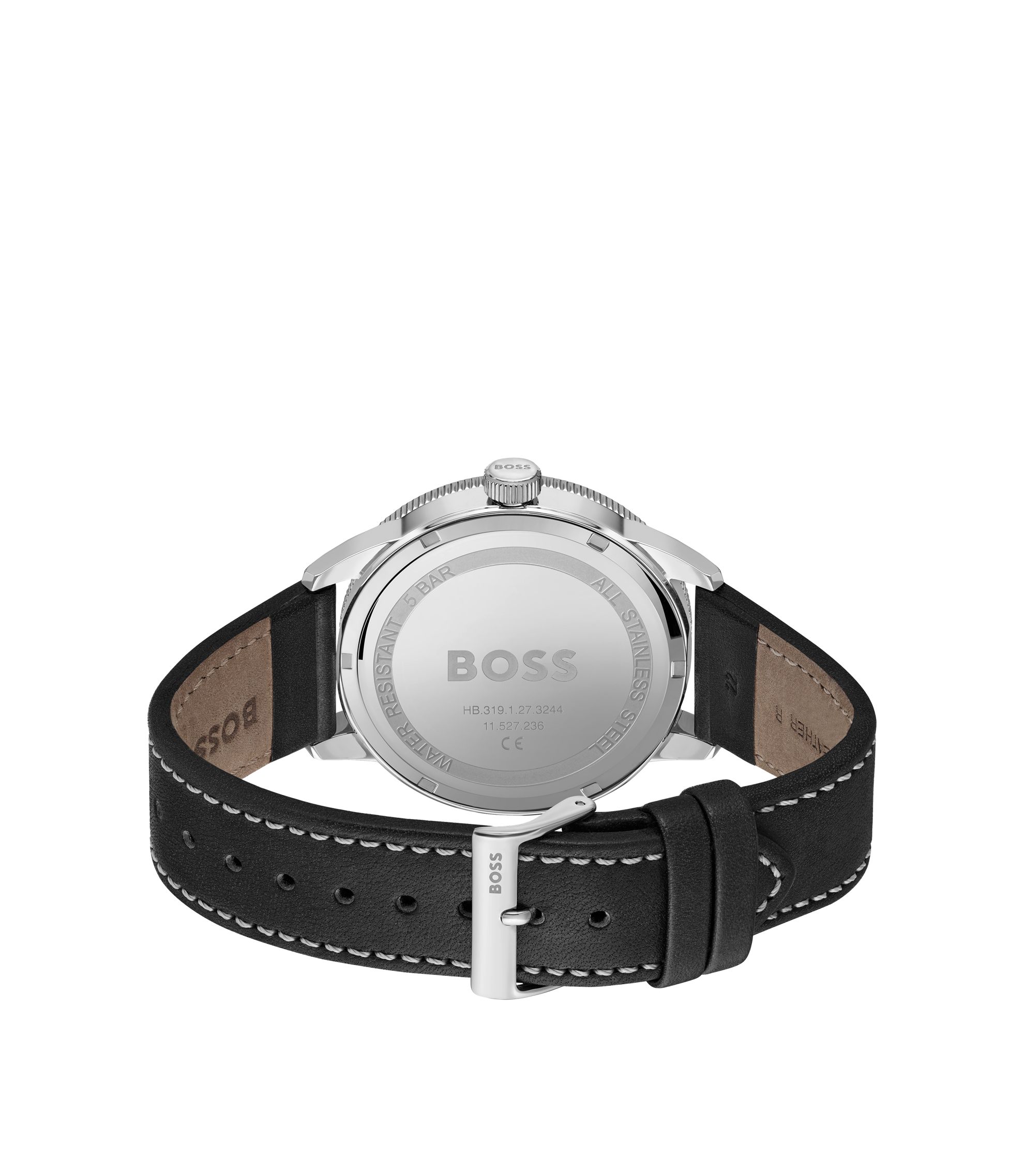 BOSS - Leather-strap watch with black dial