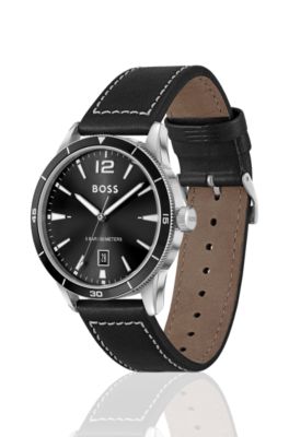 Leather-strap watch with black dial, Assorted-Pre-Pack
