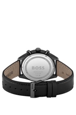 Black-plated chronograph watch with perforated leather strap, Assorted-Pre-Pack