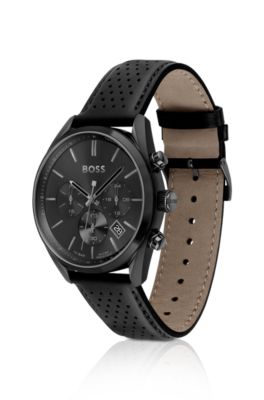Black-plated chronograph watch with perforated leather strap, Assorted-Pre-Pack