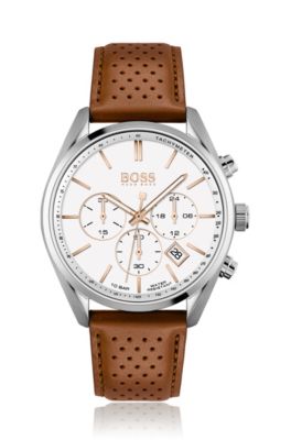 BOSS - Chronograph watch white dial perforated leather strap