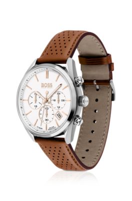 Leather-strap chronograph watch with silver-white dial, Assorted-Pre-Pack