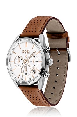 BOSS Chronograph watch with white dial and perforated leather