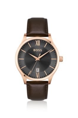Hugo Boss Leather-strap Watch With Black Dial Men's Watches In Brown