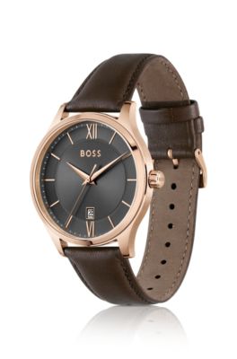 Leather-strap watch with black dial, Assorted-Pre-Pack