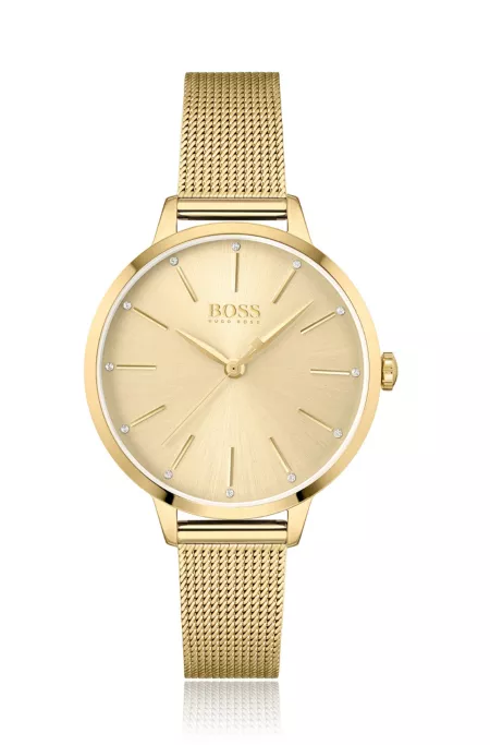 Gold-toned mesh bracelet watch with crystal accents