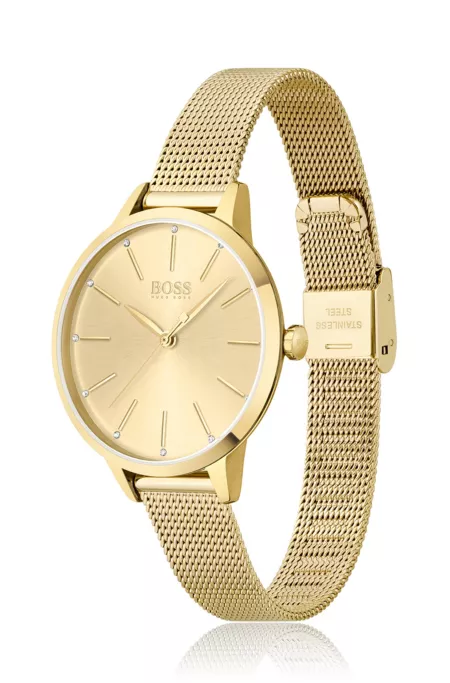 Gold-toned mesh bracelet watch with crystal accents