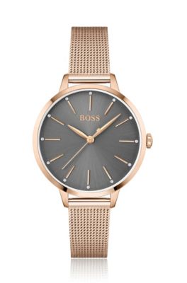 Hugo Boss Carnation-gold-effect Crystal-studded Watch With Mesh Bracelet Women's Watches In Assorted-pre-pack