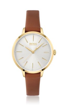 Hugo Boss Gold-toned Watch With Crystal Accents And Leather Strap Women's Watches In Assorted-pre-pack