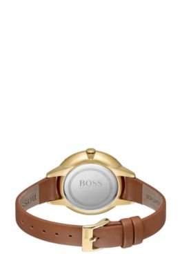 Gold-toned watch with crystal accents and leather strap, Assorted-Pre-Pack