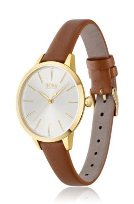Gold-toned watch with crystal accents and leather strap, Assorted-Pre-Pack