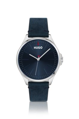 HUGO - Distressed-leather-strap watch with blue dial