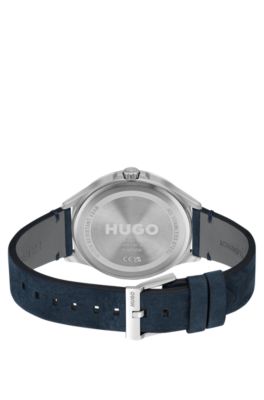 Distressed-leather-strap watch with blue dial, Assorted-Pre-Pack