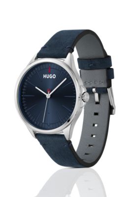 Distressed-leather-strap watch with blue dial, Assorted-Pre-Pack