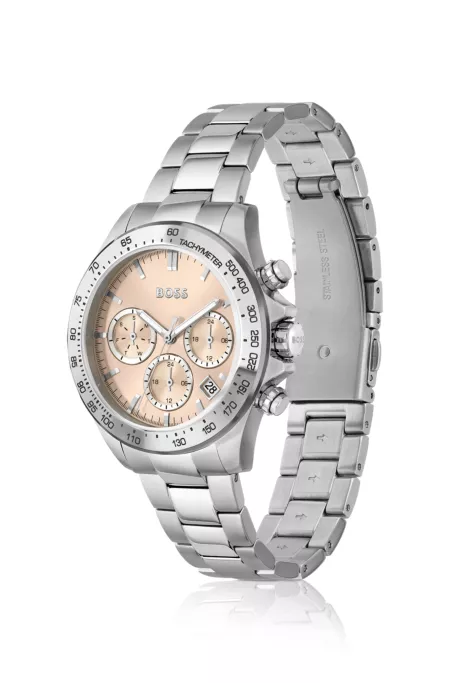 Link-bracelet multi-functional watch with pink dial