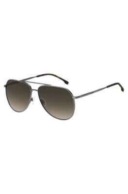 Hugo Boss Silver-tone Sunglasses With Havana-acetate End-tips Men's Eyewear In Brown
