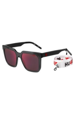 Hugo Black-acetate Sunglasses With Branded Strap Men's Eyewear