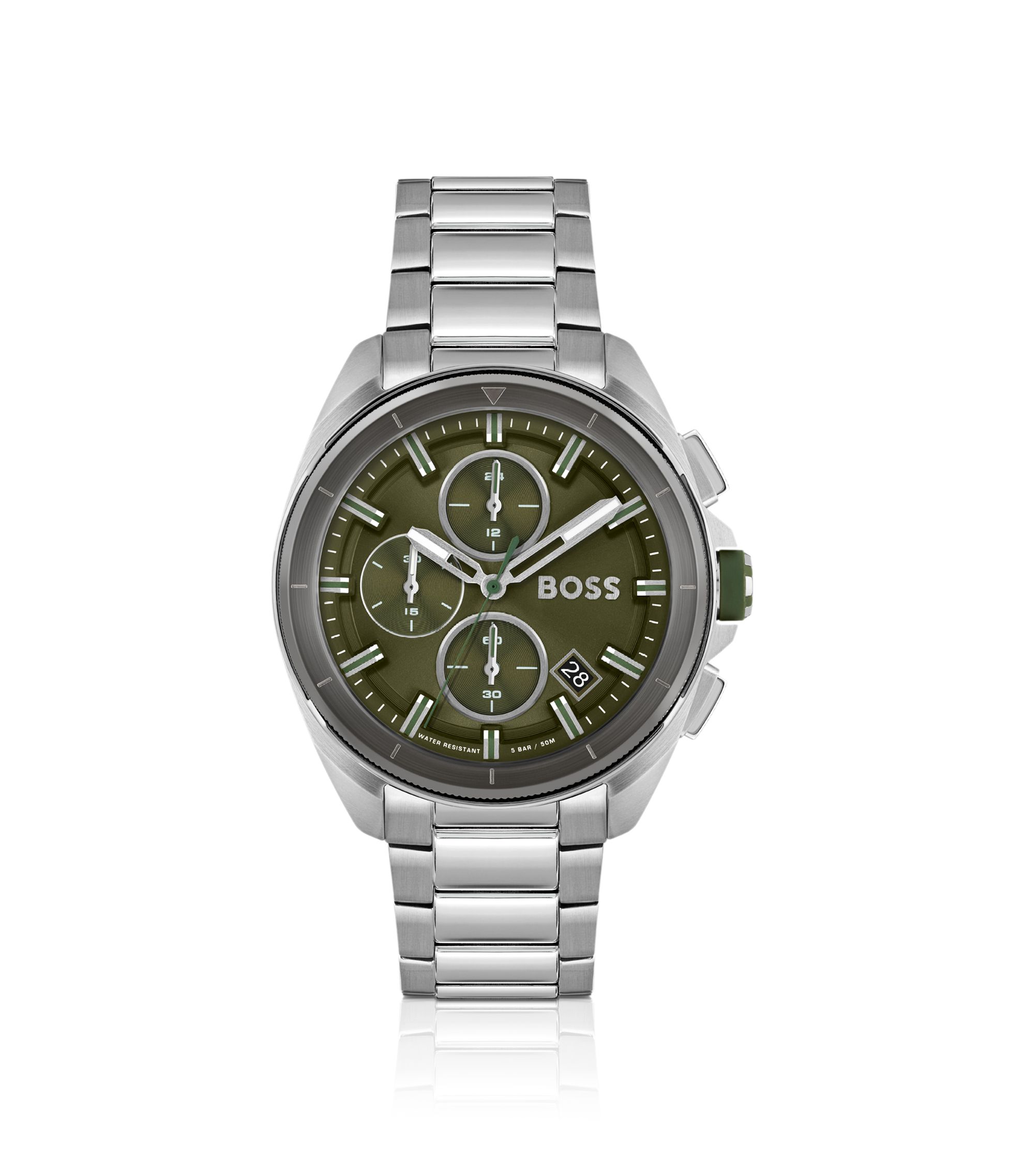 BOSS - Link-bracelet chronograph watch with olive dial
