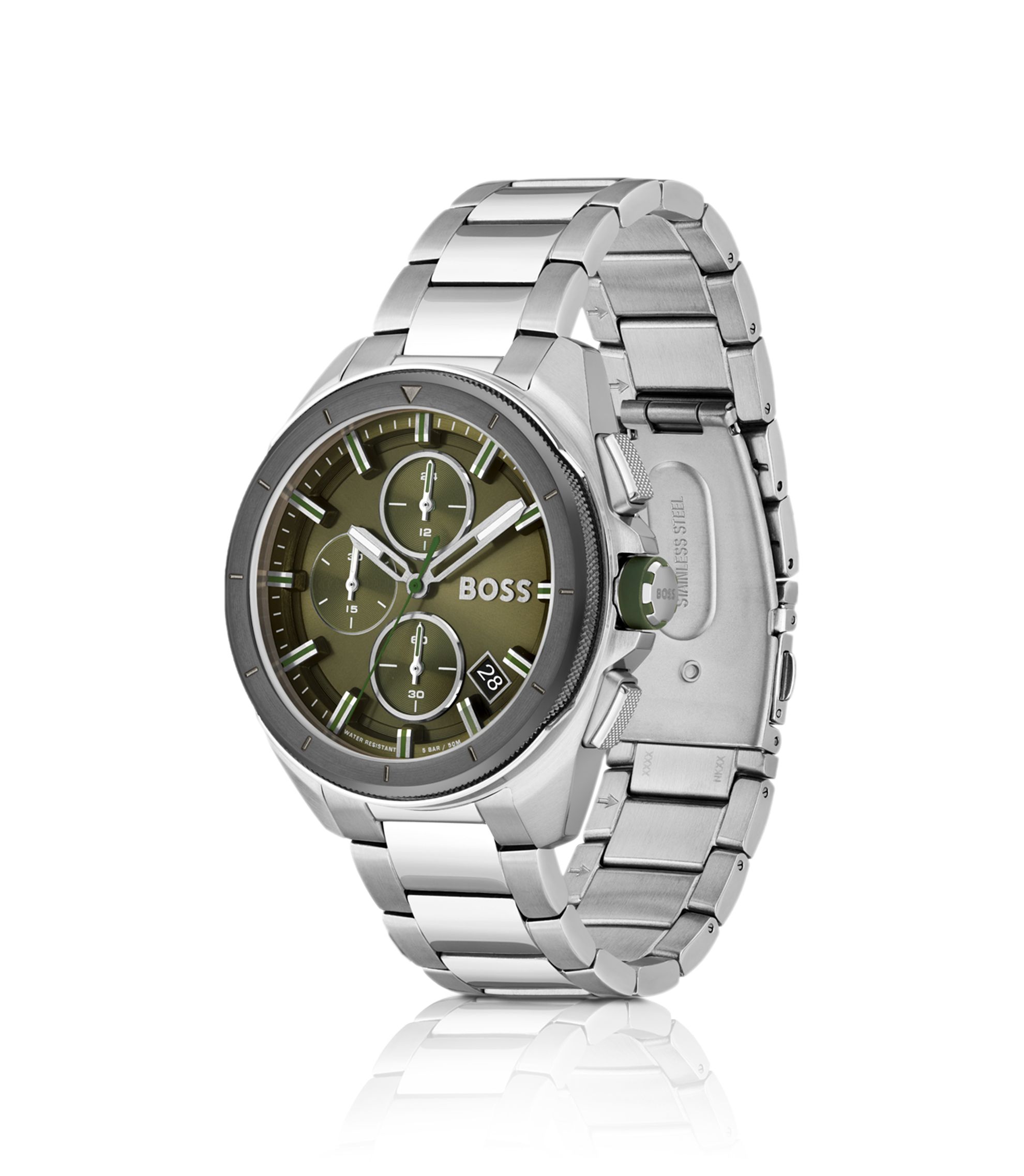 BOSS - Link-bracelet chronograph watch with olive dial