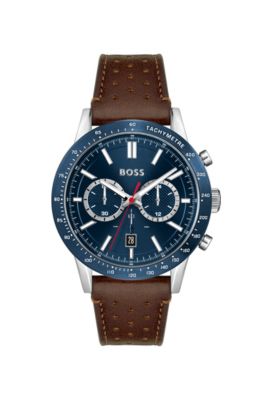 BOSS - Blue-dial chronograph watch with perforated leather strap