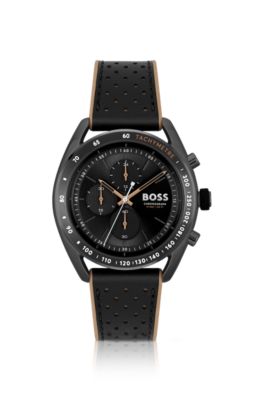 BOSS - Black-plated chronograph watch with perforated