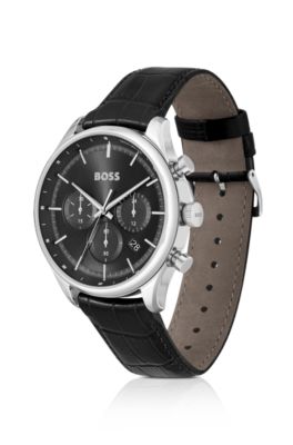 Chronograph watch with crocodile leather strap, Assorted-Pre-Pack