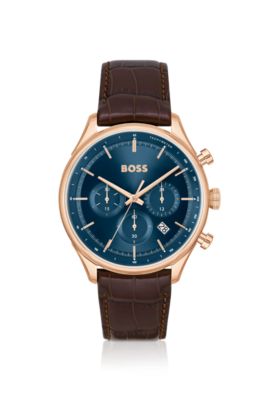 Gold-tone chronograph watch with brown leather strap, Assorted-Pre-Pack