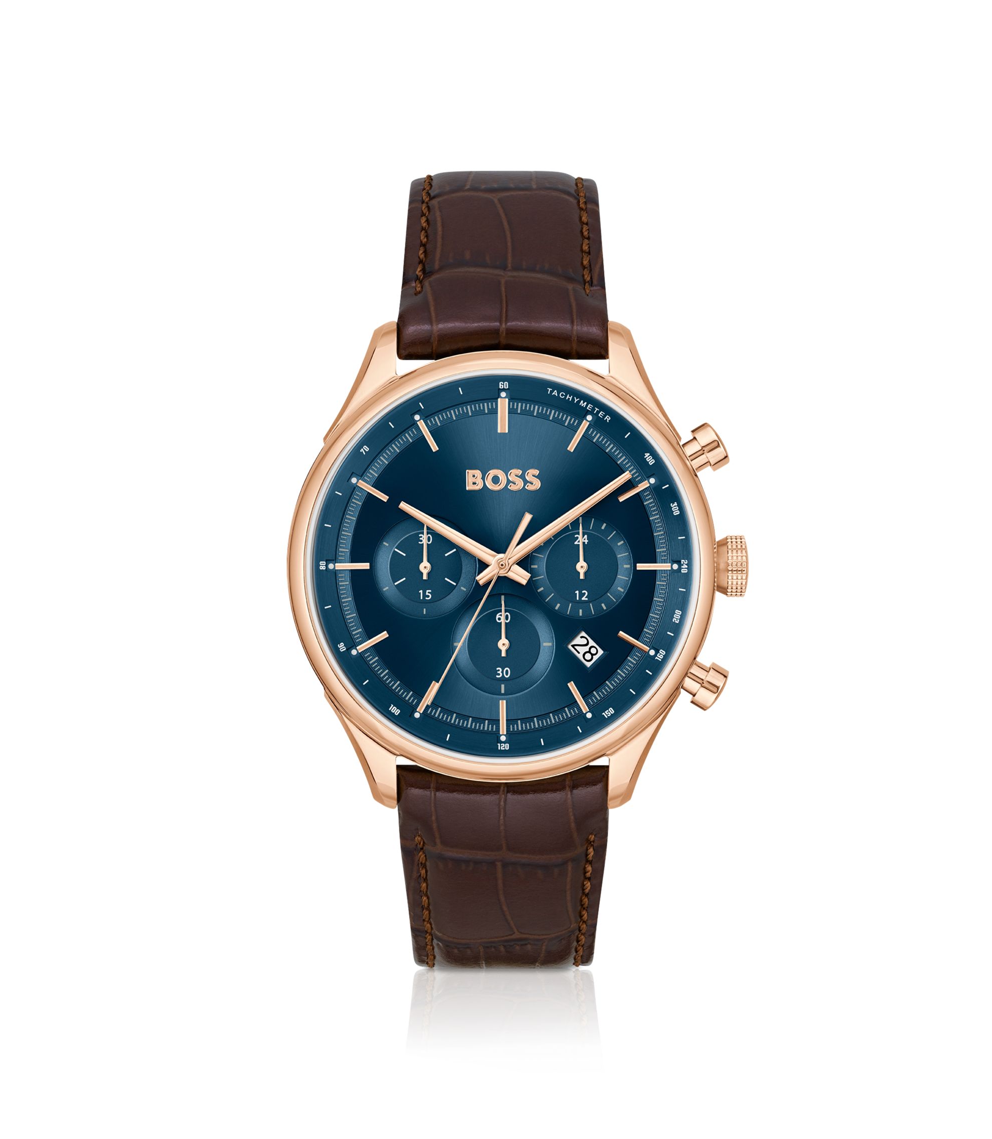 BOSS - Gold-tone chronograph watch with brown leather strap