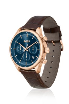 Gold-tone chronograph watch with brown leather strap, Assorted-Pre-Pack