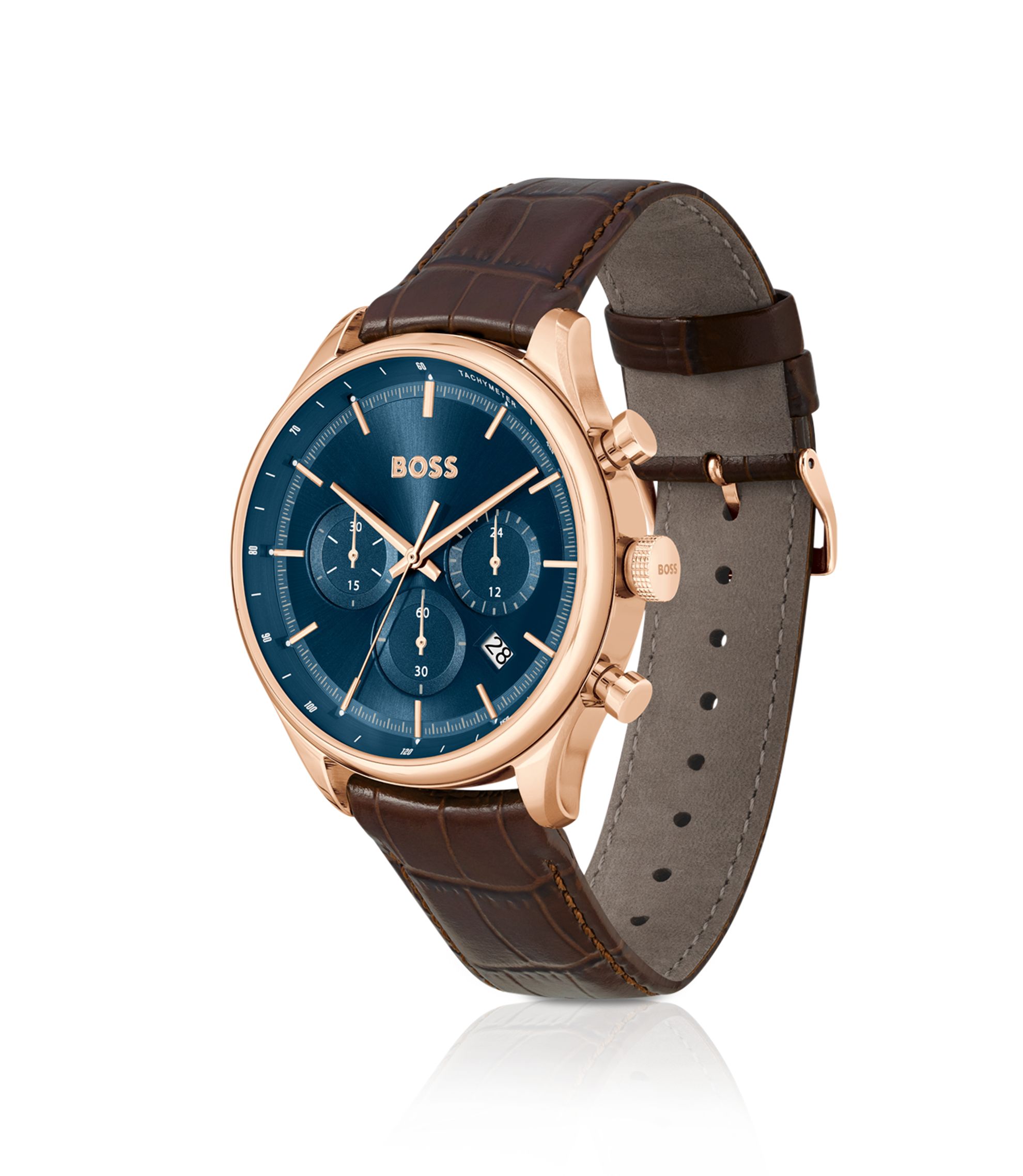 BOSS - Gold-tone chronograph watch with brown leather strap