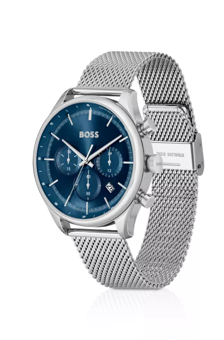 Mesh-bracelet chronograph watch with blue dial