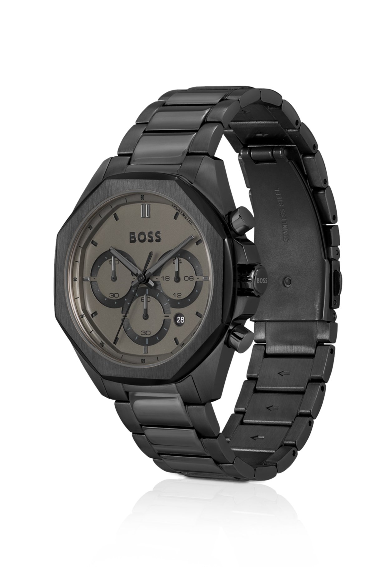Black-plated chronograph watch with link bracelet