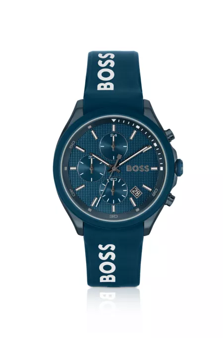 Blue-plated chronograph watch with blue silicone strap