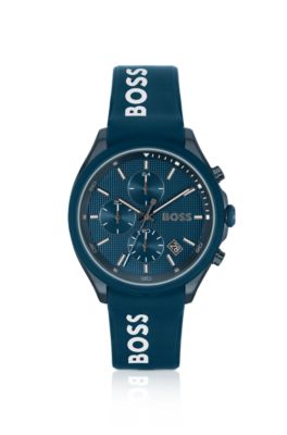 Blue-plated chronograph watch with blue silicone strap, Assorted-Pre-Pack
