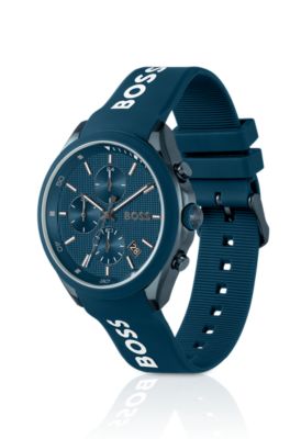Blue-plated chronograph watch with blue silicone strap, Assorted-Pre-Pack