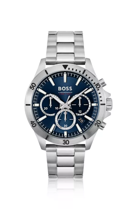 Link-bracelet chronograph watch with blue dial