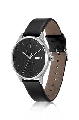 BOSS - Black-dial watch with leather strap 