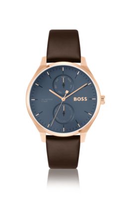 HUGO BOSS GOLD-TONE WATCH WITH BLUE DIAL AND LEATHER STRAP MEN'S WATCHES