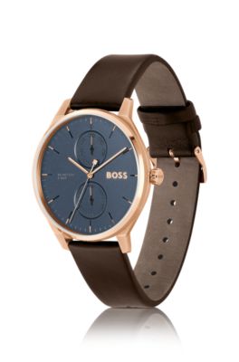 Gold-tone watch with blue dial and leather strap, Assorted-Pre-Pack